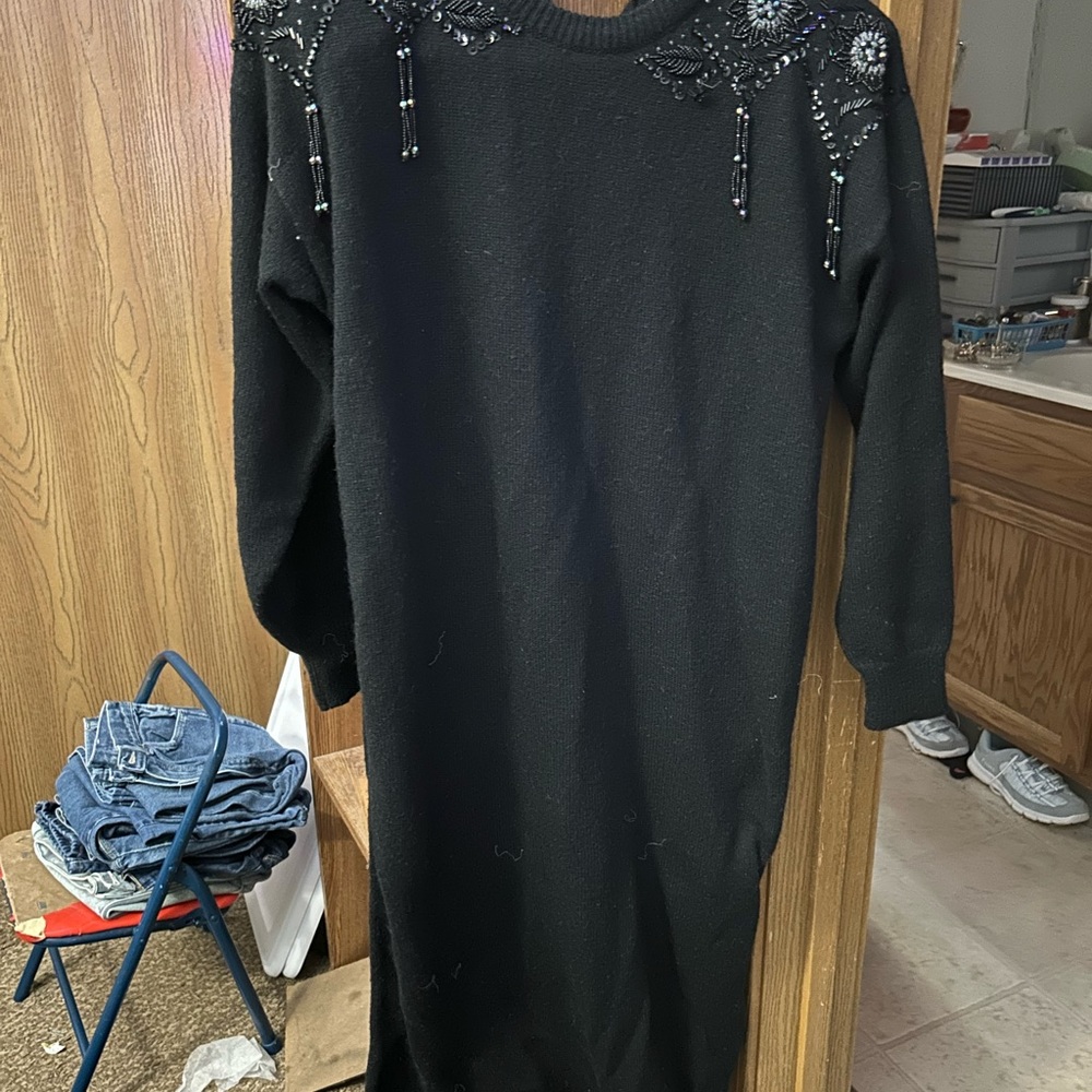 Women’s vintage sweater dress. Beautiful black with shoulder sequins